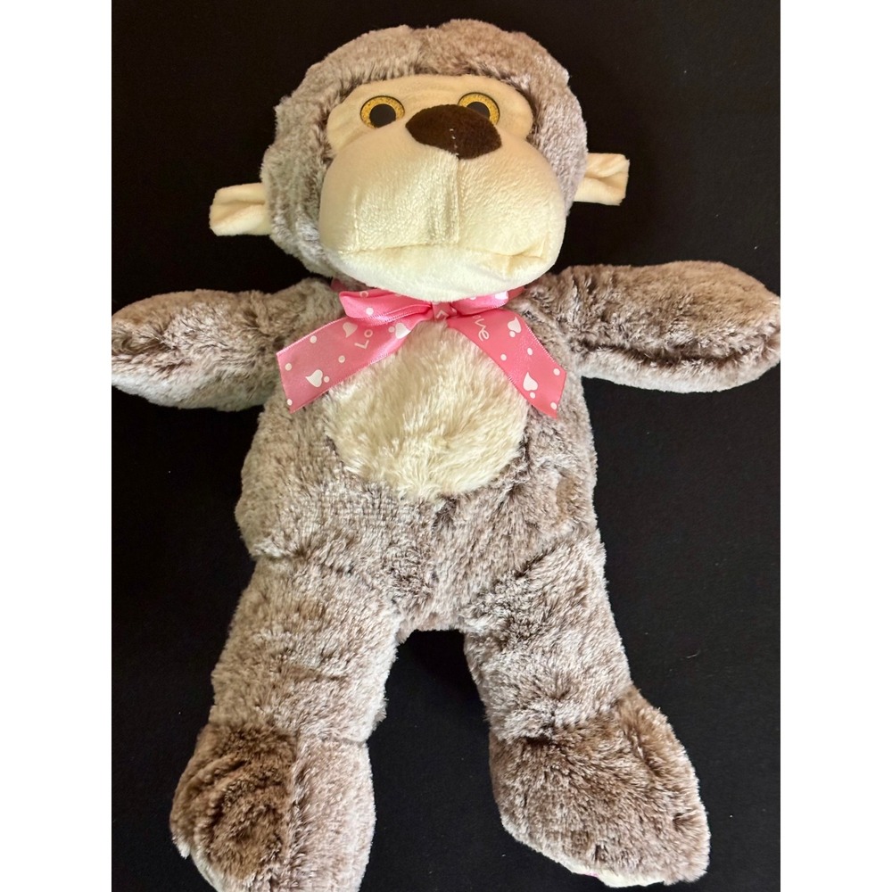 Linzy Toys Plush Monkey Gray Brown Cream Pink Love Heart Bow Stuffed Animal 13"